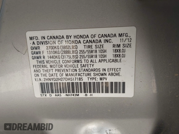 2013 Acura MDX with VIN 2HNYD2H27DH517185, listed as a IAAI auction lot 41799347 with 125,437 mi miles. Bid and sale history available at carsss.com. Image 9.