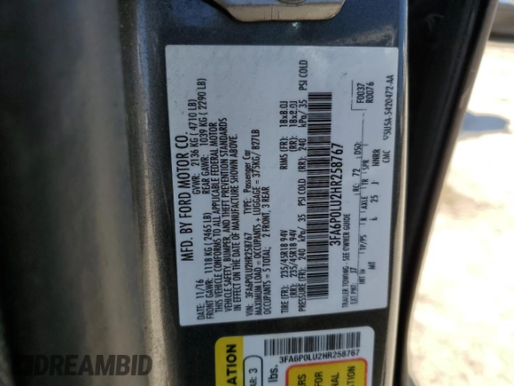 2017 Ford Fusion Hybrid SE с VIN 3FA6P0LU2HR258767, выставлен на аукционе Copart как лот 58069375 с пробегом 152 049 миль миль и Списание • Salvage title. История ставок и продаж доступна на DreamBid. Изображение 12.