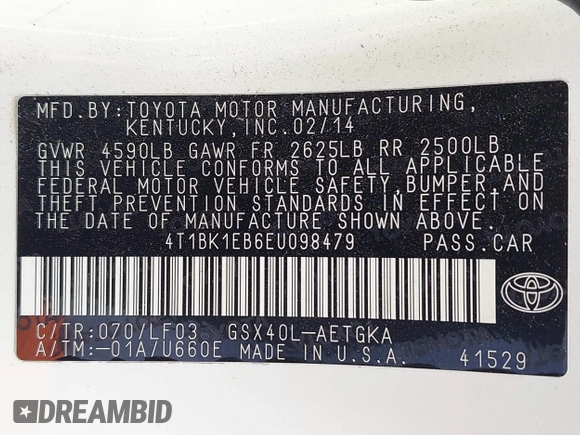 2014 Toyota Avalon Limited z VIN 4T1BK1EB6EU098479, wystawiony jako IAAI lot #42171736 z przebiegiem 92 290 mil mil oraz . Historia ofert i sprzedaży dostępna na DreamBid. Obrazek 9.