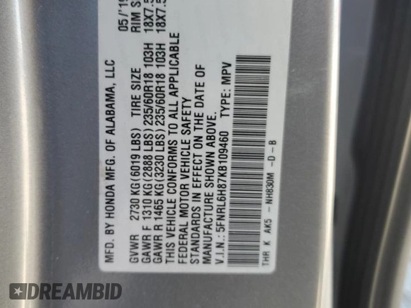 2019 Honda Odyssey Touring z VIN 5FNRL6H87KB109460, wystawiony jako Copart lot #48632105 z przebiegiem 68 604 mil mil oraz Szkoda całkowita • Salvage title. Historia ofert i sprzedaży dostępna na DreamBid. Obrazek 14.