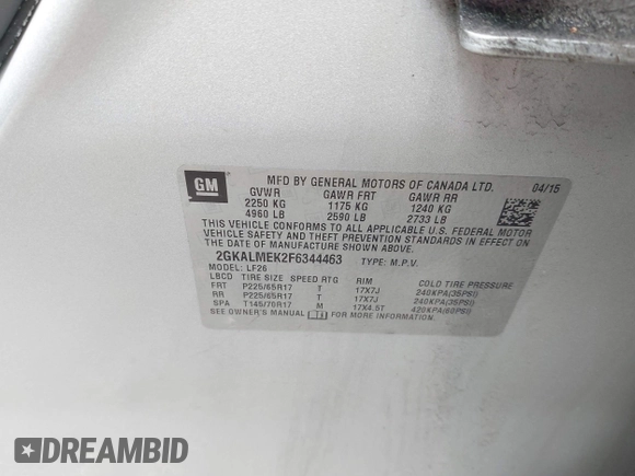 2015 GMC Terrain SLE with VIN 2GKALMEK2F6344463, listed as a IAAI auction lot 42235524 with 89,496 mi miles and . Bid and sale history available at DreamBid. Image 9.