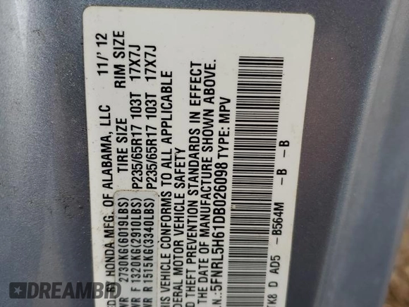 2013 Honda Odyssey EX-L with VIN 5FNRL5H61DB026098, listed as a Copart auction lot 51794625 with 124,471 mi miles and Salvage Title. Bid and sale history available at carsss.com. Image 16.