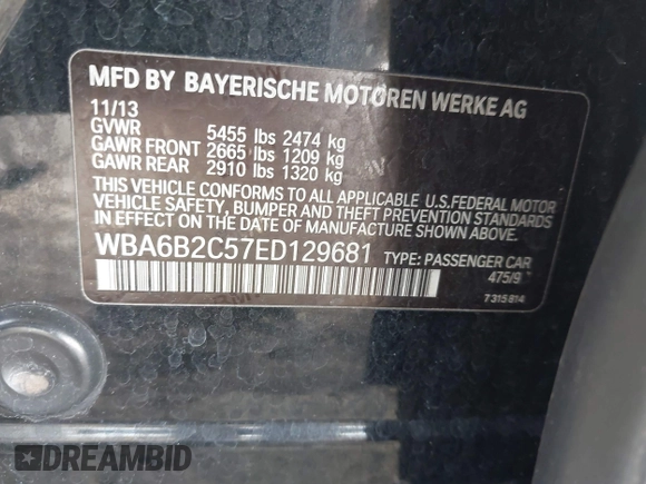 2014 BMW 6 Series 650i z VIN WBA6B2C57ED129681, wystawiony jako IAAI lot #42517803 z przebiegiem 208 644 mil mil oraz . Historia ofert i sprzedaży dostępna na DreamBid. Obrazek 9.