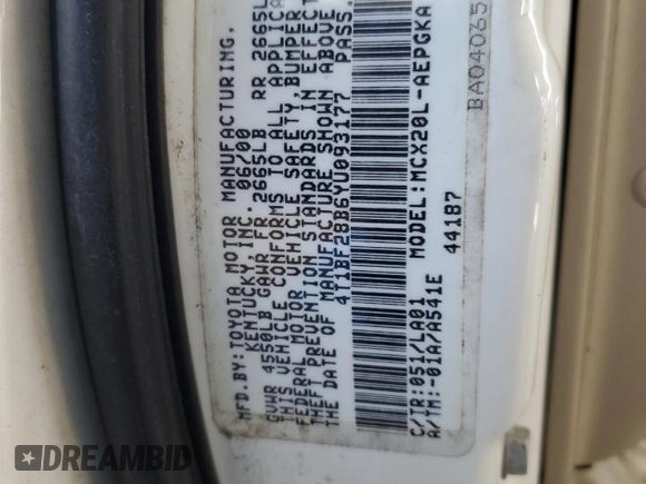 2000 Toyota Avalon XL with VIN 4T1BF28B6YU093177, listed as a Copart auction lot 51853895 with 189,631 mi miles and Salvage Title. Bid and sale history available at DreamBid. Image 12.