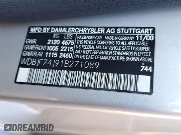 2001 Mercedes-Benz E with VIN WDBJF74J91B271089, listed as a Copart auction lot 49840085 with 46,148 mi miles and Clean Title. Bid and sale history available at DreamBid. Image 12.