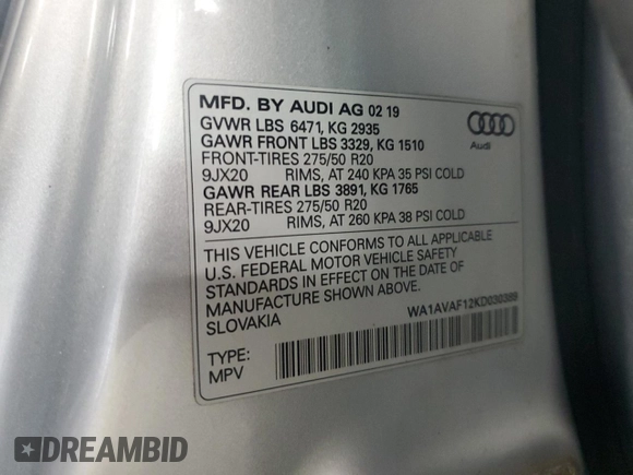 2019 Audi Q8 Premium z VIN WA1AVAF12KD030389, wystawiony jako Copart lot #60860675 z przebiegiem 118 306 mil mil oraz Czysty tytuł • Clean title. Historia ofert i sprzedaży dostępna na DreamBid. Obrazek 13.