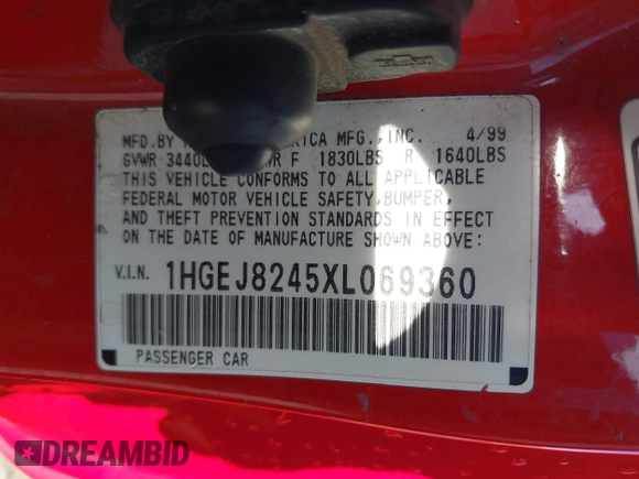 1999 Honda Civic EX с VIN 1HGEJ8245XL069360, выставлен на аукционе IAAI как лот 42488776 с пробегом 203 628 миль миль и . История ставок и продаж доступна на DreamBid. Изображение 9.