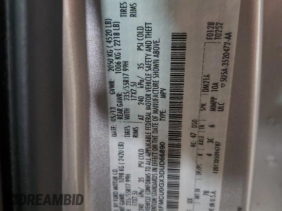 2013 Ford Escape SE with VIN 1FMCU0GX3DUD66890, listed as a Copart auction lot 86477264 with 142,722 mi miles and Salvage Title. Bid and sale history available at DreamBid. Image 15.
