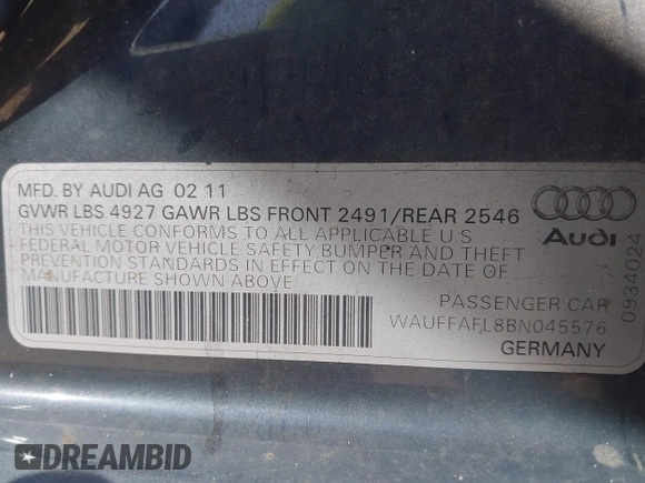 2011 Audi A4 2.0T Premium Plus with VIN WAUFFAFL8BN045576, listed as a IAAI auction lot 41698608 with 111,903 mi miles. Bid and sale history available at carsss.com. Image 9.