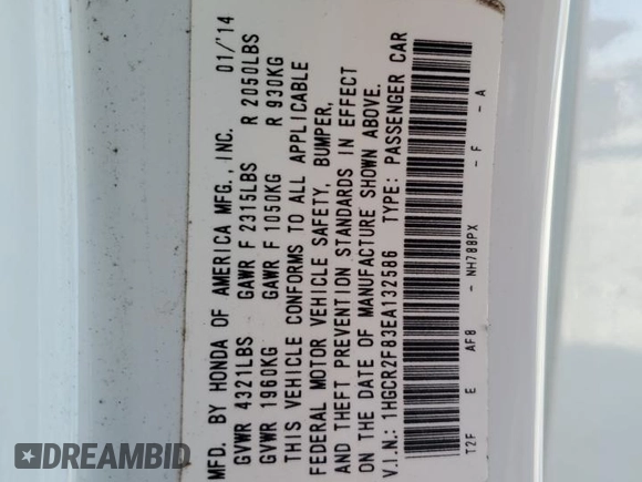 2014 Honda Accord Sedan EX-L with VIN 1HGCR2F83EA132586, listed as a Copart auction lot 50606085 with 170,334 mi miles and Salvage Title. Bid and sale history available at carsss.com. Image 12.