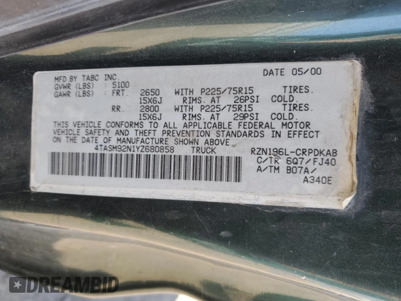 2000 Toyota Tacoma PreRunner with VIN 4TASM92N1YZ680858, listed as a Copart auction lot 47005745 with 333,428 mi miles and Salvage title. Bid and sale history available at DreamBid. Image 12.