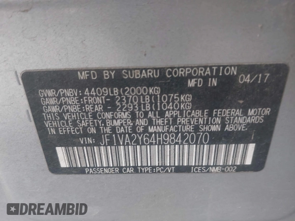 2017 Subaru WRX STI Limited with VIN JF1VA2Y64H9842070, listed as a IAAI auction lot 42003655 with Not provided miles and . Bid and sale history available at DreamBid. Image 9.