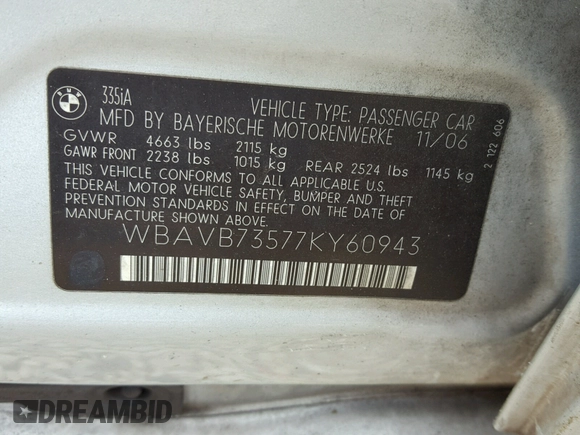 2007 BMW 3 Series 335i with VIN WBAVB73577KY60943, listed as a Copart auction lot 26073428 with Not provided miles and Non repairable. Bid and sale history available at DreamBid. Image 10.