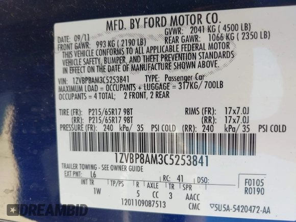 2012 Ford Mustang Premium with VIN 1ZVBP8AM3C5253841, listed as a IAAI auction lot 42157276 with 58,054 mi miles and . Bid and sale history available at DreamBid. Image 9.