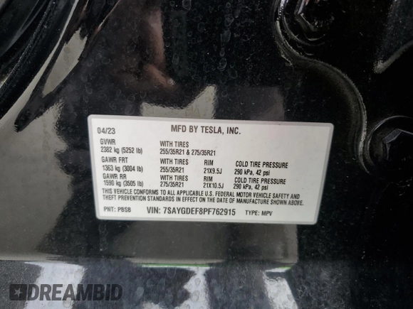 2023 Tesla Model Y Performance with VIN 7SAYGDEF8PF762915, listed as a Copart auction lot 50270285 with 23,893 mi miles and Salvage Title. Bid and sale history available at DreamBid. Image 13.