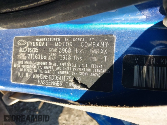2005 Hyundai Elantra GLS z VIN KMHDN56D95U175479, wystawiony jako IAAI lot #40880754 z przebiegiem 191 911 mil mil oraz . Historia ofert i sprzedaży dostępna na DreamBid. Obrazek 9.