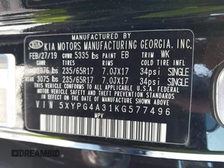 2019 Kia Sorento L with VIN 5XYPG4A31KG577496, listed as a IAAI auction lot 41247314 with 90,177 mi miles. Bid and sale history available at carsss.com. Image 9.