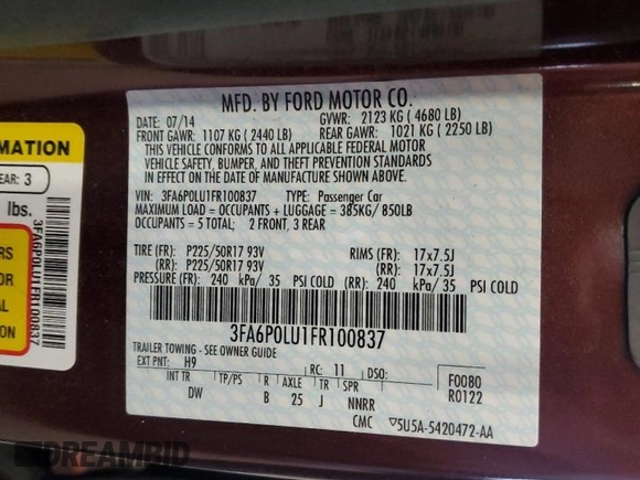 2015 Ford Fusion SE Hybrid with VIN 3FA6P0LU1FR100837, listed as a Copart auction lot 50753785 with 114,268 mi miles and Salvage Title. Bid and sale history available at carsss.com. Image 12.