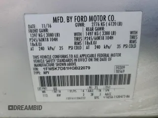 2017 Ford Explorer XLT with VIN 1FM5K7D81HGB22079, listed as a Copart auction lot 56990835 with 85,381 mi miles and Salvage title. Bid and sale history available at DreamBid. Image 13.