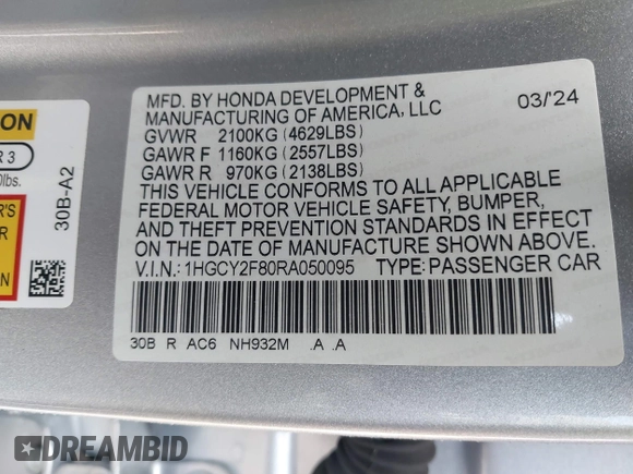 2024 Honda Accord Touring with VIN 1HGCY2F80RA050095, listed as a IAAI auction lot 41924407 with 26,454 mi miles and . Bid and sale history available at DreamBid. Image 9.
