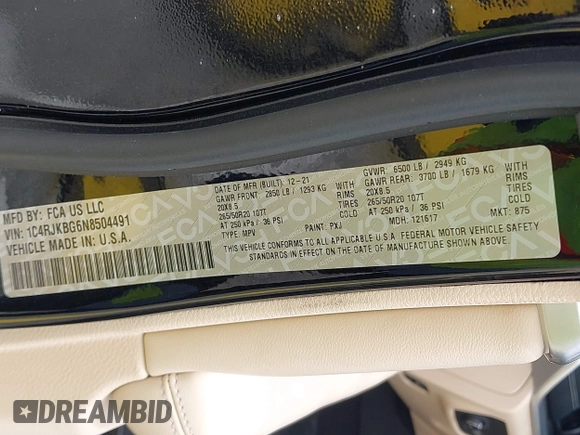 2022 Jeep Grand Cherokee Limited with VIN 1C4RJKBG6N8504491, listed as a IAAI auction lot 42740915 with 66,395 mi miles and . Bid and sale history available at DreamBid. Image 9.