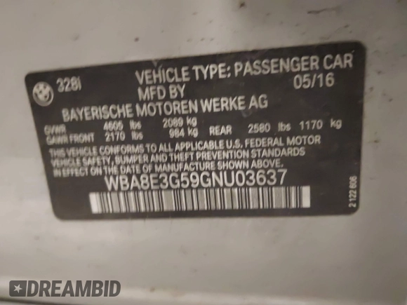 2016 BMW 3 Series 328i xDrive with VIN WBA8E3G59GNU03637, listed as a IAAI auction lot 42255237 with 87,272 mi miles and . Bid and sale history available at DreamBid. Image 9.