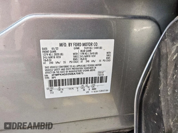 2022 Ford Edge SE with VIN 2FMPK4G93NBA70873, listed as a Copart auction lot 60509595 with 43,509 mi miles and Clean title. Bid and sale history available at DreamBid. Image 13.