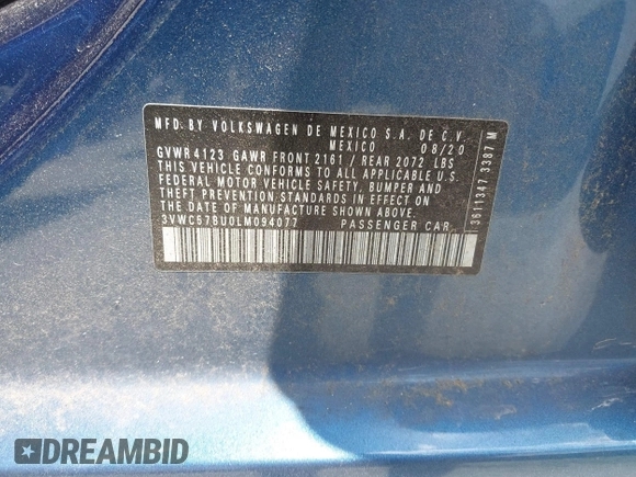 2020 Volkswagen Jetta S с VIN 3VWC57BU0LM094077, выставлен на аукционе IAAI как лот 42760191 с пробегом 58 246 миль миль и . История ставок и продаж доступна на DreamBid. Изображение 9.