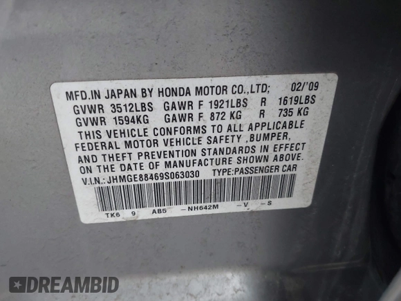 2009 Honda Fit Sport with VIN JHMGE88469S063030, listed as a IAAI auction lot 42064670 with 156,791 mi miles. Bid and sale history available at carsss.com. Image 9.