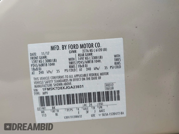 2018 Ford Explorer XLT with VIN 1FM5K7D8XJGA23931, listed as a IAAI auction lot 41845181 with 38,059 mi miles and . Bid and sale history available at DreamBid. Image 9.