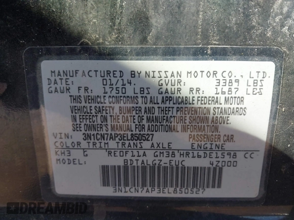2014 Nissan Versa S Plus with VIN 3N1CN7AP3EL850527, listed as a IAAI auction lot 41662427 with 210,736 mi miles and . Bid and sale history available at DreamBid. Image 9.