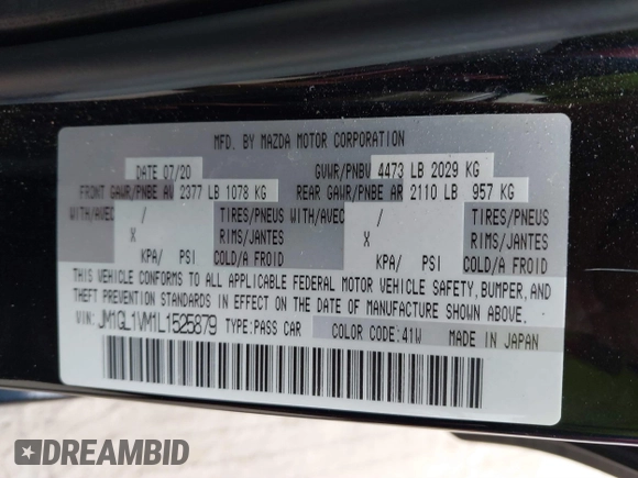 2020 Mazda 6 Touring with VIN JM1GL1VM1L1525879, listed as a IAAI auction lot 41023192 with 43,531 mi miles. Bid and sale history available at carsss.com. Image 9.