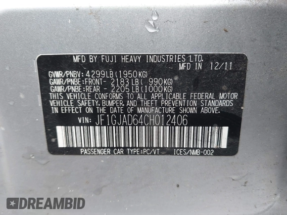 2012 Subaru Impreza Premium с VIN JF1GJAD64CH012406, выставлен на аукционе IAAI как лот 41993378 с пробегом 96 706 миль миль и . История ставок и продаж доступна на DreamBid. Изображение 9.
