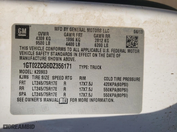 2013 GMC Sierra 2500HD Work Truck with VIN 1GT02ZCG6DZ356171, listed as a Copart auction lot 42179535 with 0 mi miles and Salvage Title. Bid and sale history available at carsss.com. Image 13.