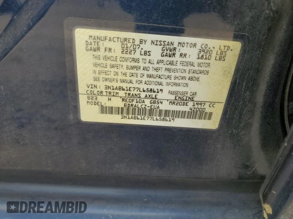 2007 Nissan Sentra 2.0 with VIN 3N1AB61E77L658619, listed as a Copart auction lot 53903715 with 115,665 mi miles and Salvage Title. Bid and sale history available at DreamBid. Image 12.