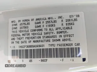 2009 Honda Accord EX-L with VIN 1HGCP36889A049401, listed as a IAAI auction lot 41241557 with 123,990 mi miles and . Bid and sale history available at DreamBid. Image 9.