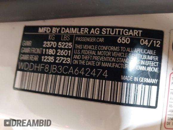 2012 Mercedes-Benz E 350 Luxury with VIN WDDHF8JB3CA642474, listed as a IAAI auction lot 41952364 with 75,763 mi miles and . Bid and sale history available at DreamBid. Image 9.