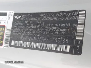 2007 MINI Hardtop S with VIN WMWMF73567TT83738, listed as a IAAI auction lot 42598923 with 133,968 mi miles and . Bid and sale history available at DreamBid. Image 9.