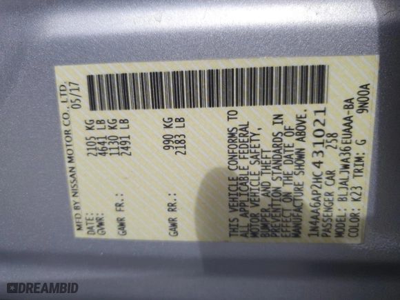 2017 Nissan Maxima SV with VIN 1N4AA6AP2HC431021, listed as a Copart auction lot 47798475 with 125,954 mi miles and Salvage Title. Bid and sale history available at carsss.com. Image 15.
