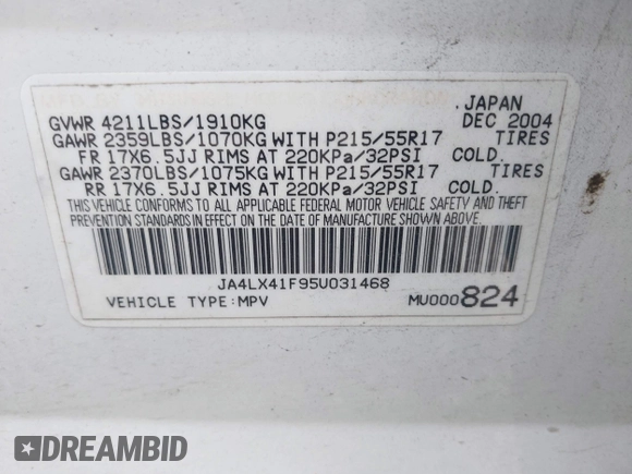 2005 Mitsubishi Outlander XLS with VIN JA4LX41F95U031468, listed as a IAAI auction lot 42114377 with 172,413 mi miles. Bid and sale history available at carsss.com. Image 9.