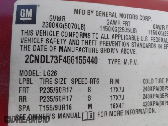 2006 Chevrolet Equinox LT with VIN 2CNDL73F466155440, listed as a IAAI auction lot 41489655 with 188,176 mi miles. Bid and sale history available at carsss.com. Image 9.