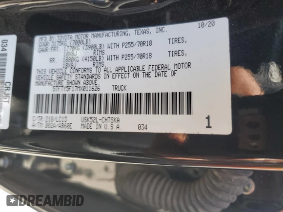 2021 Toyota Tundra SR with VIN 5TFTY5F17MX011626, listed as a Copart auction lot 56368065 with 43,949 mi miles and Salvage title. Bid and sale history available at DreamBid. Image 12.