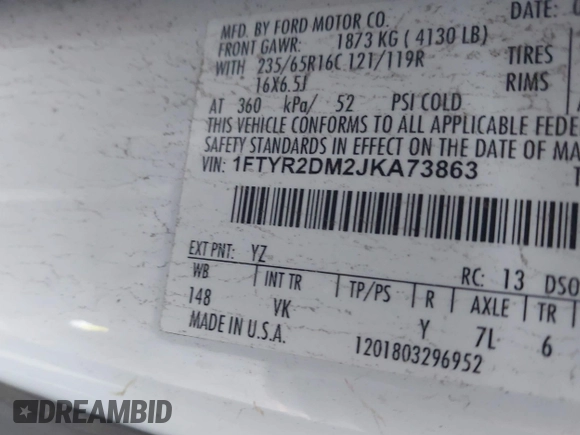 2018 Ford Transit с VIN 1FTYR2DM2JKA73863, выставлен на аукционе IAAI как лот 41656343 с пробегом 120 635 миль миль и . История ставок и продаж доступна на DreamBid. Изображение 9.
