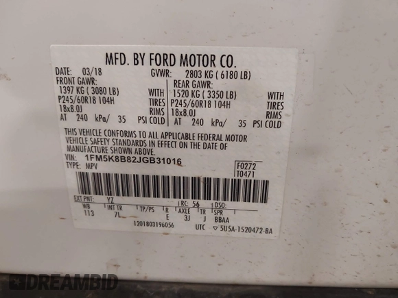 2018 Ford Explorer with VIN 1FM5K8B82JGB31016, listed as a IAAI auction lot 41585752 with 138,400 mi miles and . Bid and sale history available at DreamBid. Image 9.