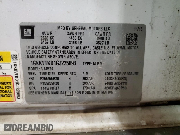 2016 GMC Acadia Denali z VIN 1GKKVTKD1GJ225693, wystawiony jako Copart lot #51792145 z przebiegiem Nie podano mil oraz Czysty tytuł • Clean title. Historia ofert i sprzedaży dostępna na DreamBid. Obrazek 13.