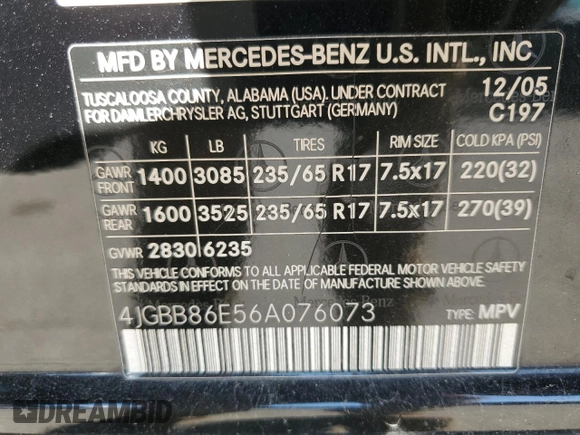 2006 Mercedes-Benz M 350 with VIN 4JGBB86E56A076073, listed as a Copart auction lot 52867775 with 139,017 mi miles and Salvage Title. Bid and sale history available at DreamBid. Image 12.