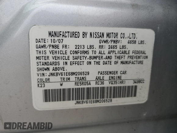 2008 Infiniti G35 Journey with VIN JNKBV61E68M206529, listed as a Copart auction lot 61417315 with 83,186 mi miles and Salvage title. Bid and sale history available at DreamBid. Image 12.