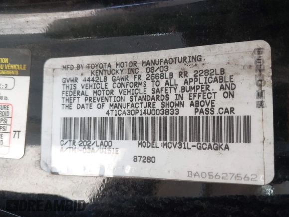 2004 Toyota Solara SE with VIN 4T1CA30P14U003833, listed as a IAAI auction lot 42117279 with 199,419 mi miles. Bid and sale history available at carsss.com. Image 9.