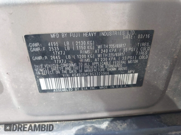 2016 Subaru Outback 2.5i with VIN 4S4BSBAC8G3323966, listed as a IAAI auction lot 41684006 with 112,747 mi miles and . Bid and sale history available at DreamBid. Image 9.