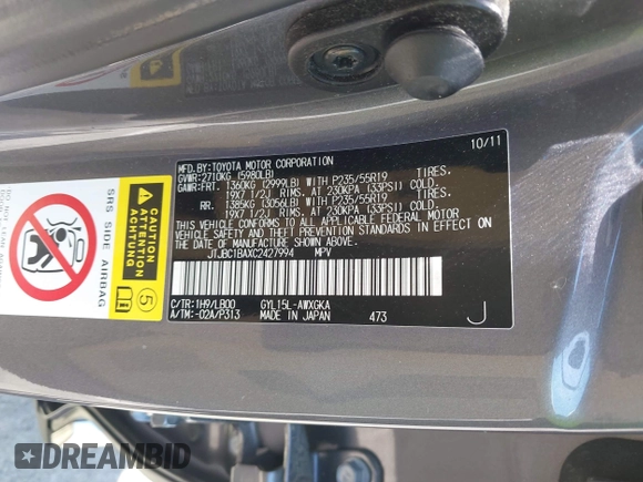 2012 Lexus RX 450h with VIN JTJBC1BAXC2427994, listed as a IAAI auction lot 41997188 with 131,614 mi miles and . Bid and sale history available at DreamBid. Image 9.